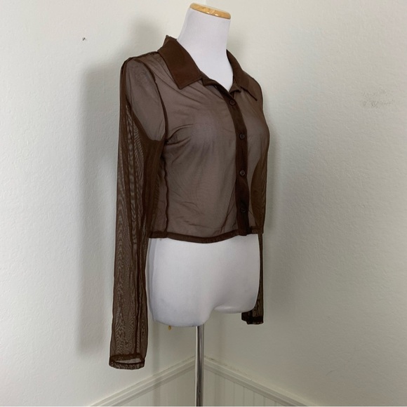 Le Lis Long sleeve semi sheer mesh collared button up chocolate brown top blouse - Picture 3 of 14